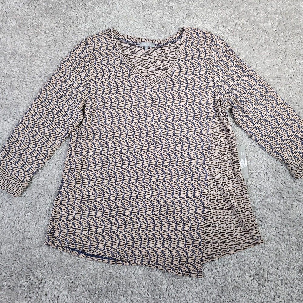 Habitat‎ Crinkle V-Neck Top Womens M Stone Geometric Textured Lagenlook Boho